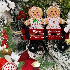 Gingerbread Merry Christmas Tree Red Wagon Ornament Tin Pine Needles Boy Girl 5"